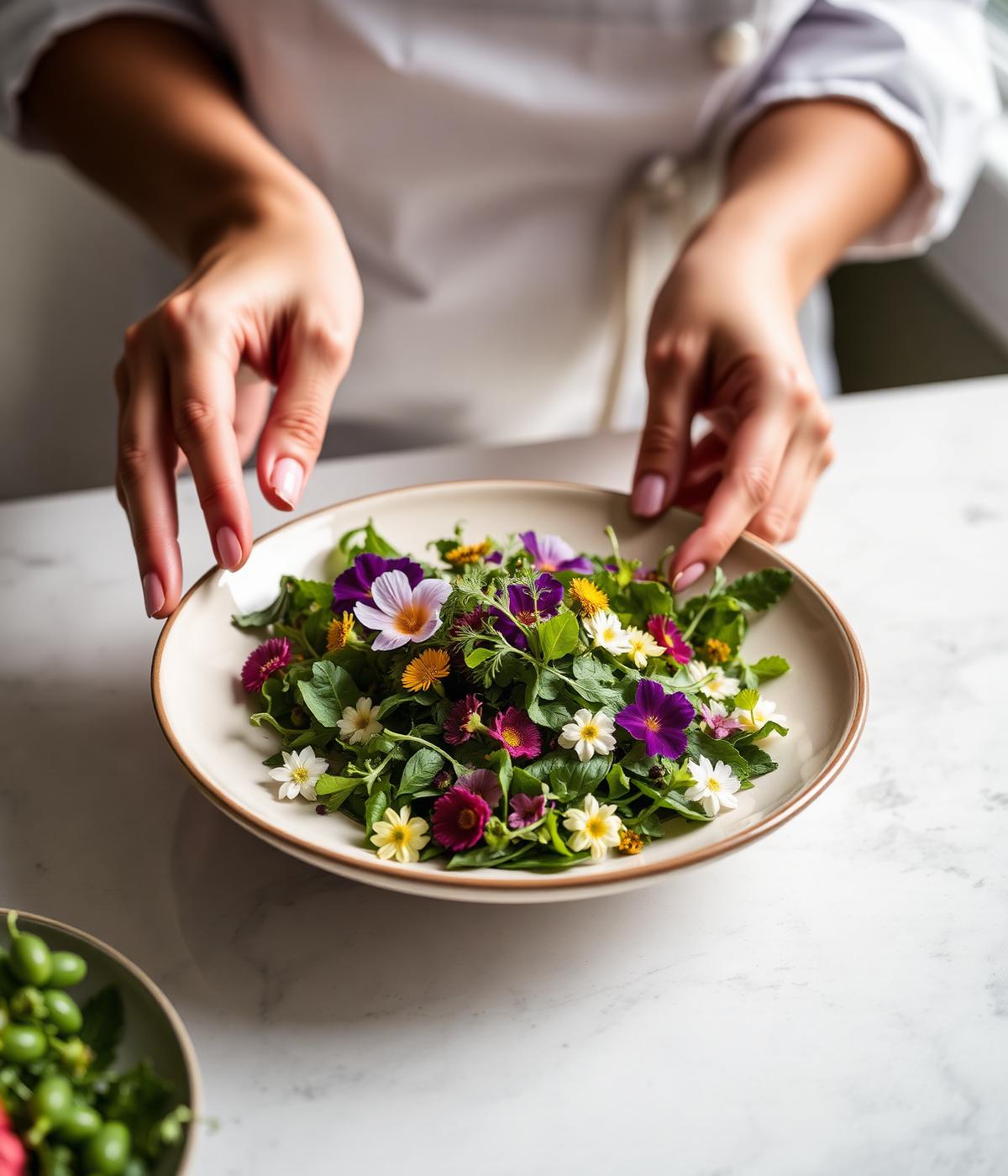 A chef plating a fresh salad with edible flowers