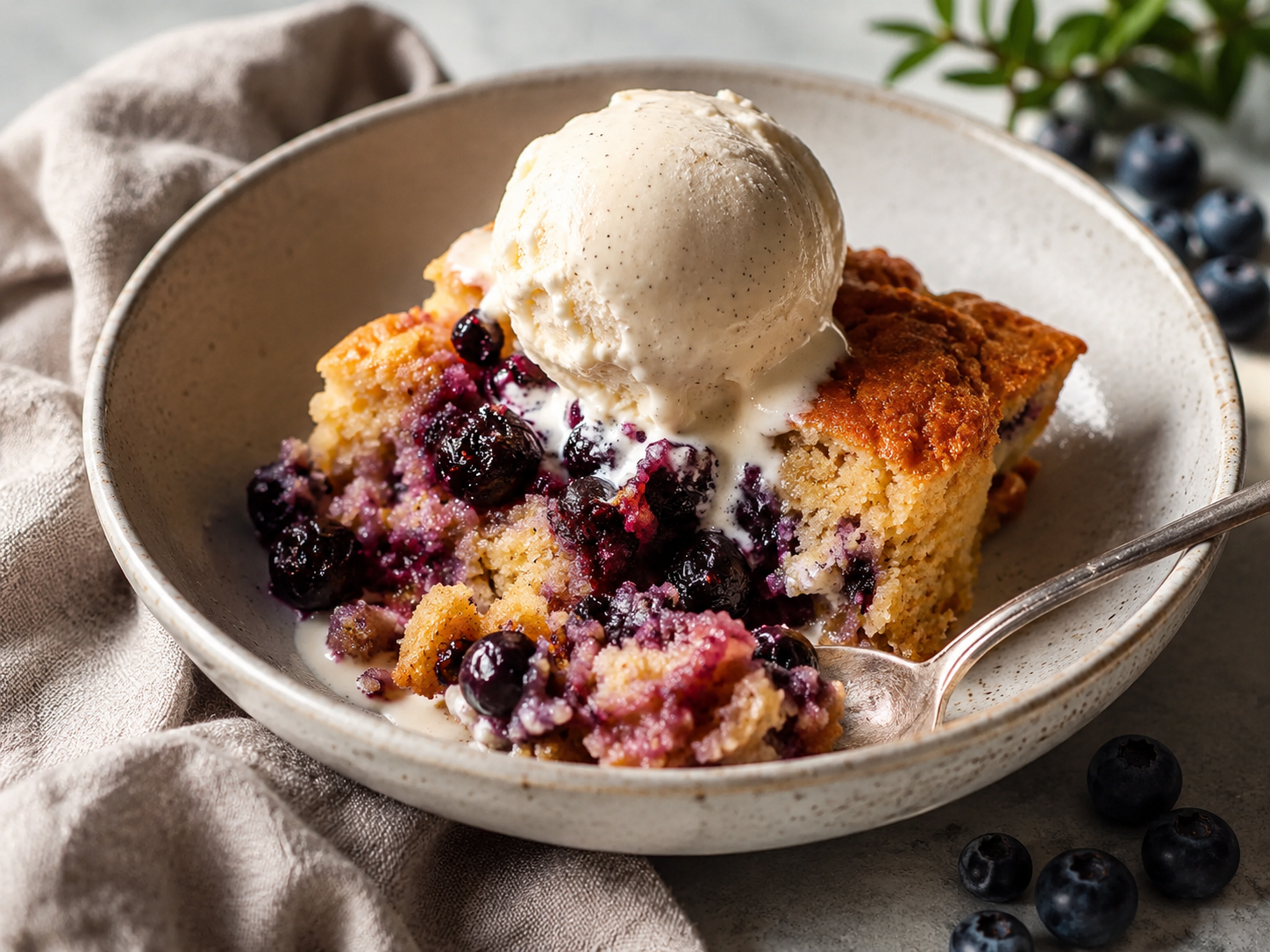 A warm blueberry crumble with a scoop of vanilla ice cream, served in a rustic ceramic bowl